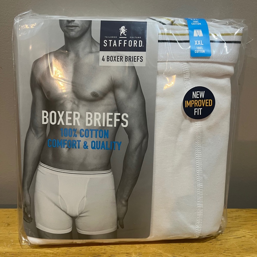 Vtg Stafford Mens 4 Pack White Boxer Briefs 100% Ringspun Cotton XXL 44-46‎ NEW